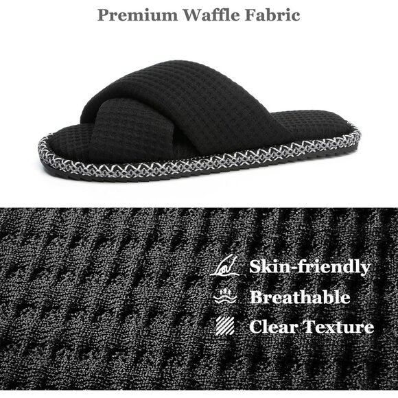 ⚡Women Boho Waffle Black Cotton Memory Foam Bedroom Corduroy Open Toe Shoes - Picture 4 of 6